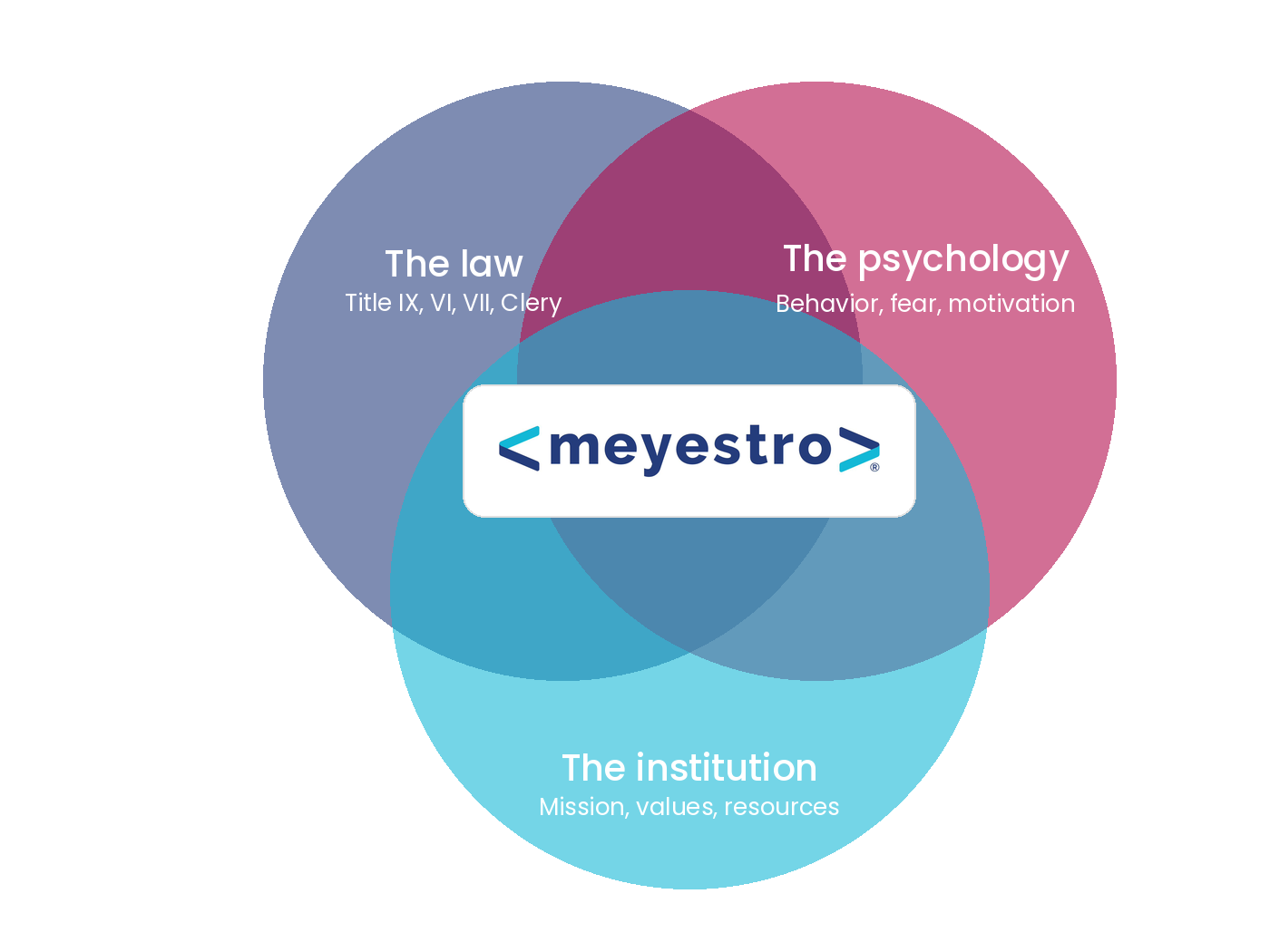 The three dimensions of institutional response — the law, the psychology, and the institution — converging in Meyestro