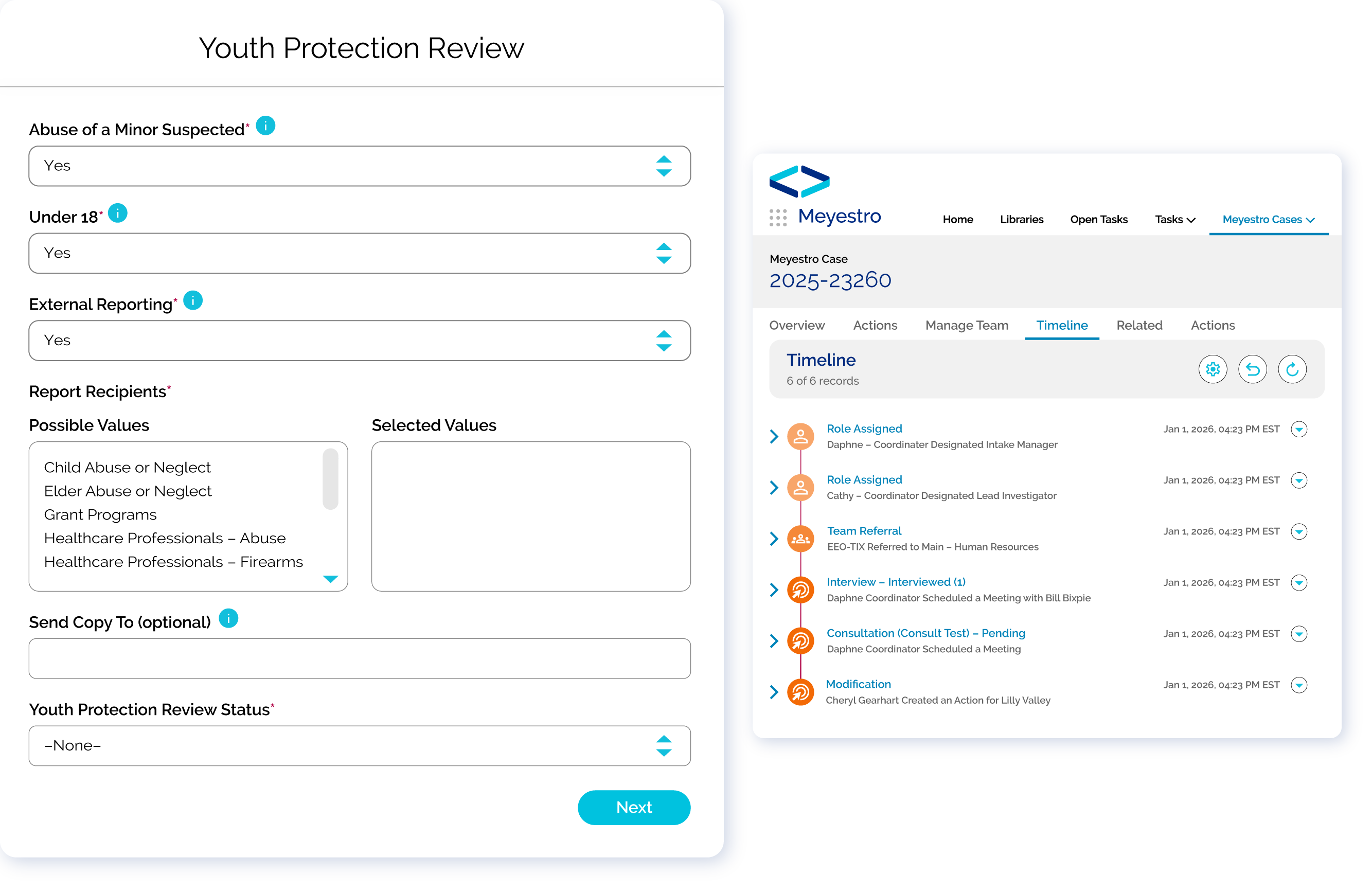 Meyestro screens showing Youth Protection review worklflow and case timeline modules